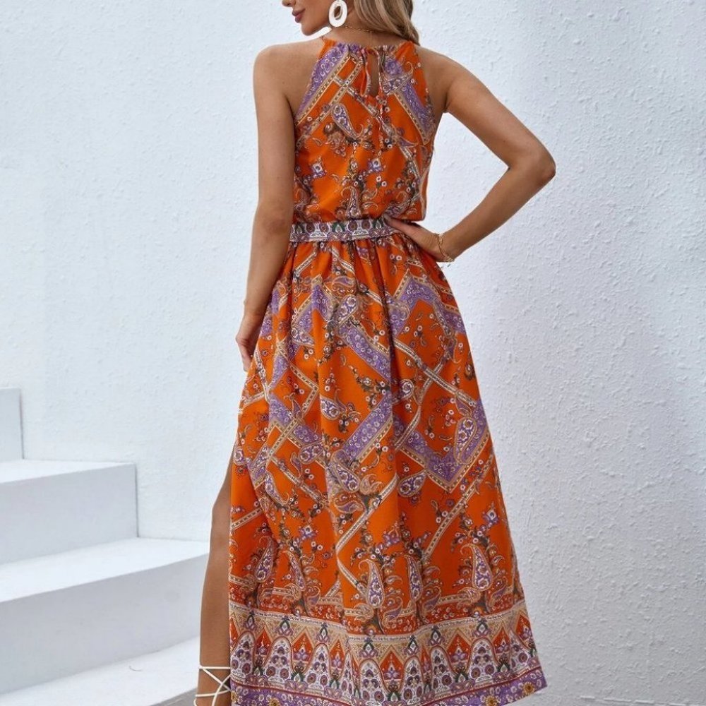 Orange Preppy Womens Floral Print Halter Neck Dress - Picture 3 of 5